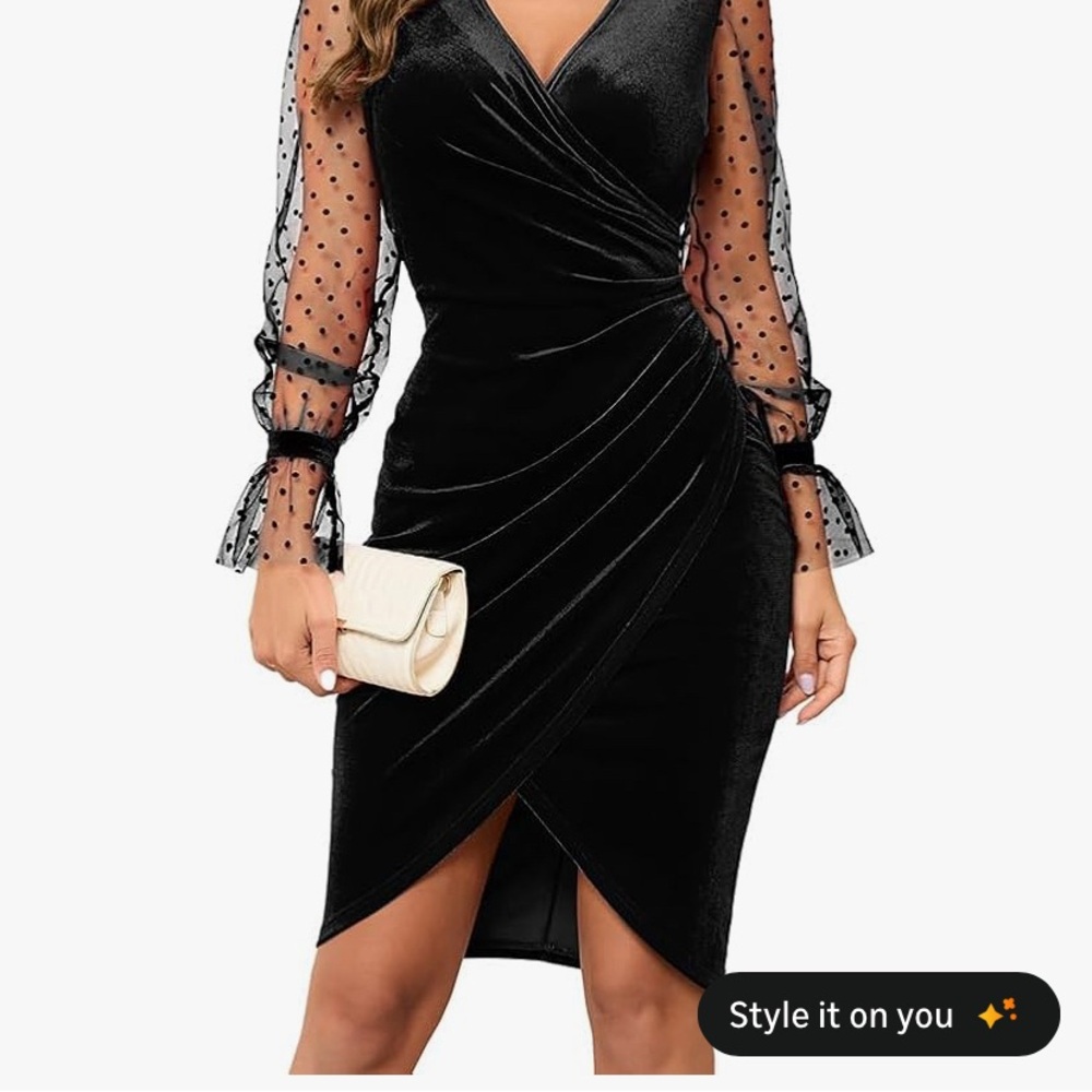 Elegant Black Wrap Dress with Sheer Polka Dot Sleeves